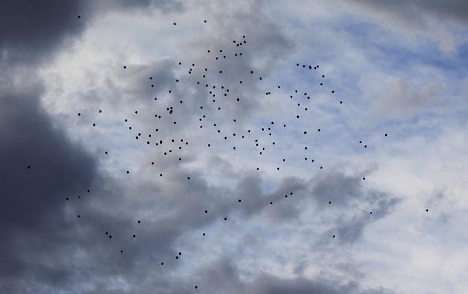 Balloons are seen released in the air by students during a memorial honoring AJ Boik, who was killed when a gunman opened fire on moviegoers in Aurora, Colorado July 21, 2012. James Holmes, the man accused in a shooting rampage at a Denver-area premiere of the new "Batman" film, received a high volume of deliveries in recent months, police said on Saturday, parcels they believe contained ammunition and bomb-making materials and showed evidence of "calculation and deliberation." REUTERS/Shannon Stapleton (UNITED STATES - Tags: CRIME LAW CIVIL UNREST SOCIETY OBITUARY) Published: Čec. 22, 2012, 2:43 dop.