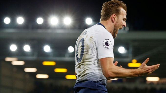 Harry Kane z Tottenhamu slaví branku v duelu s Evertonem.