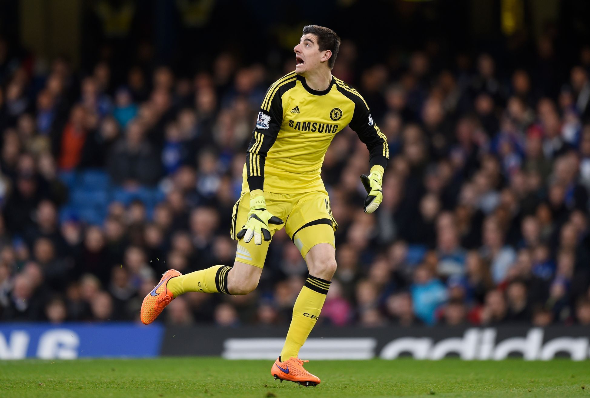 Football: Chelsea's Thibaut Courtois watches the ball as Charlie Adam (not pictured) scores the first goal for Stoke
