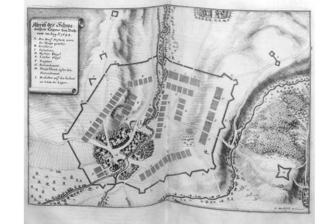 Historická mapa zobrazující rozmístění švédských vojsk pod velením generála Torstensona při obléhání Přerova v srpnu 1643 během třicetileté války.