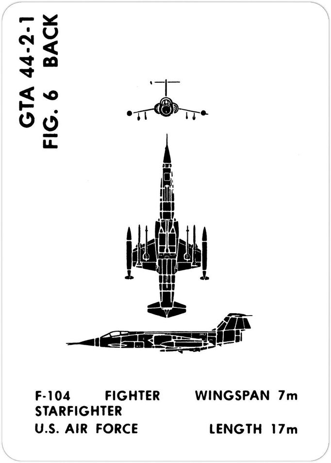 Letoun Lockheed F-104S Starfighter na grafickém schématu sloužícím k výcviku svého personálu v rozpoznávání přátelských a nepřátelských letadel. Rok 1977