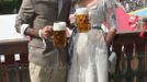 FC Bayern Munich's Thiago and his wife Julia pose during their visit at the Oktoberfest in Munich