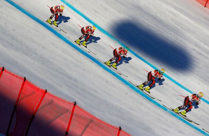 Croatia's Ivica Kostelic speeds down the course during the downhill run of the men's alpine skiing super combined training session at the 2014 Sochi Winter Olympics at th