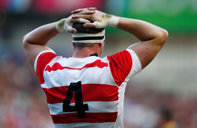 Rugby Union - South Africa v Japan - IRB Rugby World Cup 2015 Pool B - Brighton Community Stadium, Brighton, England - 19/9/15 Japan's Luke Thompson looks dejected Reuter