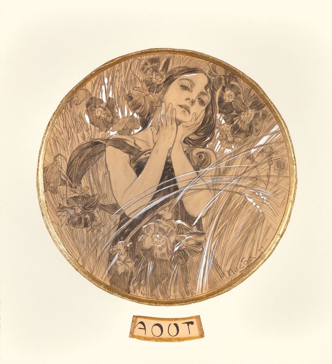 Alfons Mucha: Srpen, 1899, běloba a tužka na papíře, soukromá sbírka.