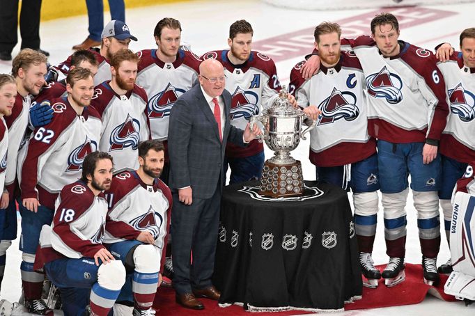 Jun 6, 2022; Edmonton, Alberta, CAN;  The Colorado Avalanche are presented the Campbell Bowl after the overtime win in game four of the Western Conference Final of the 20