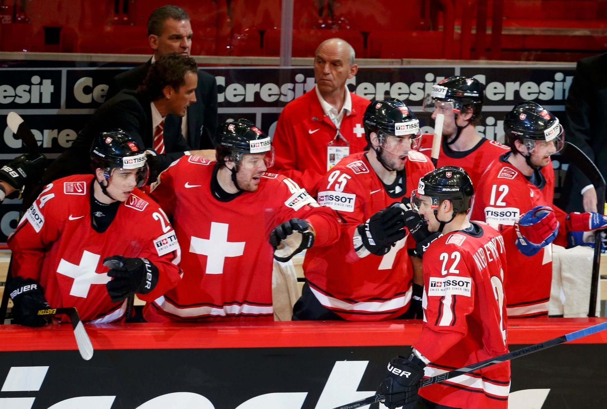 Hokej, MS 2013, Česko - Švýcarsko: Nino Niederreiter slaví gól na 0:2