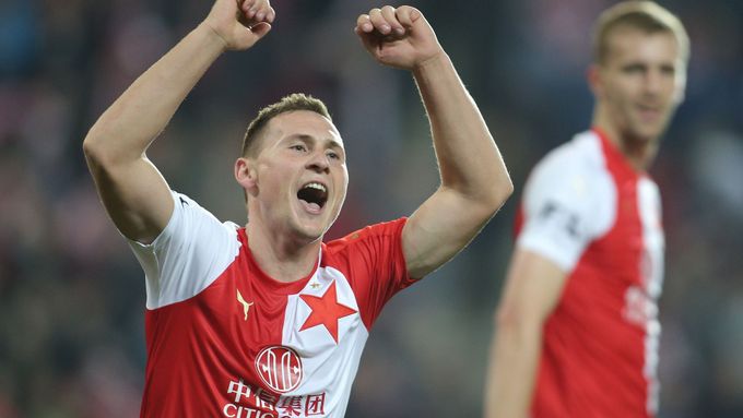 Jan Bořil slaví gól na 1:0 v zápase 26. kolo ligy Slavia - Liberec.