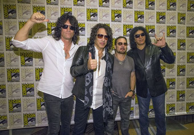 Rock band Kiss Thayer, Stanley, Singer and Simmons pose at a press line for &quot;Scooby-Doo! and Kiss: Rock and Roll Mystery&quot; during the 2015 Comic-Con Internationa