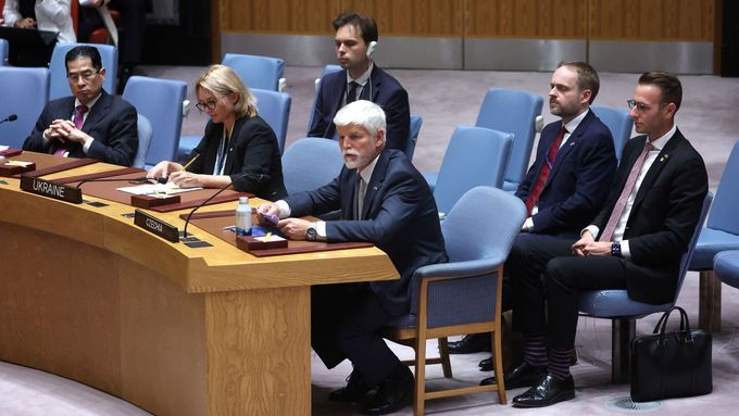 Prezident Petr Pavel během projevu před Radou bezpečnosti OSN.