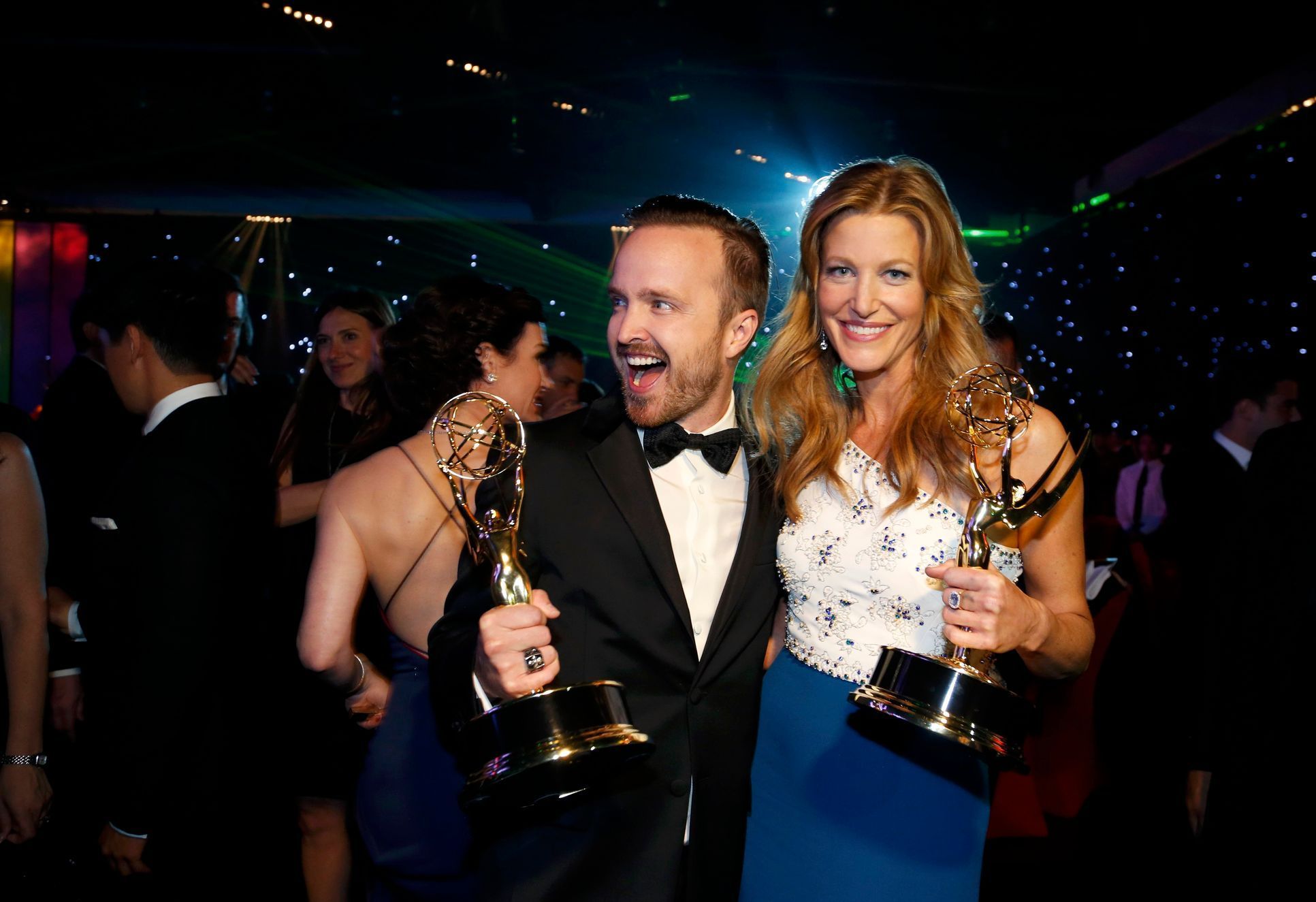 Aaron Paul with his Outstanding Supporting Actor in a Drama Series award and Anna Gunn with her Outstanding Supporting Actress in a Drama Series award attend the Governors Ball for the 66th Primetime