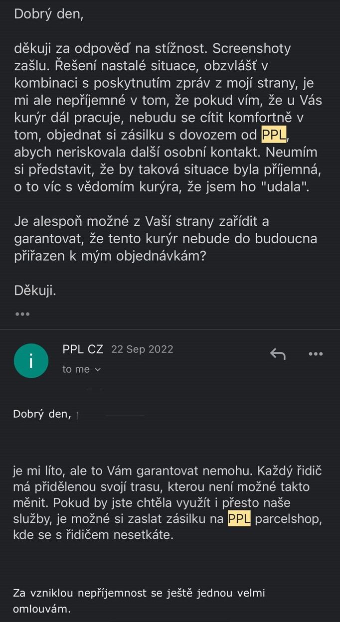 Konverzace Karolíny se zákaznickým servisem PPL.