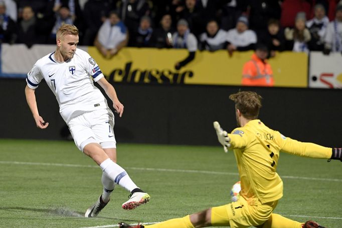 Soccer Football - Euro 2020 - Group J Qualification - Finland v Liechtenstein - Helsinki, Finland November 15, 2019. Jasse Tuominen of Finland scores the opening goal pas