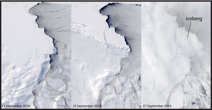 V Antarktidě se na konci září utrhla obří ledová kra o rozloze 1636 kilometrů čtverečních, což je zhruba trojnásobek území Prahy.
