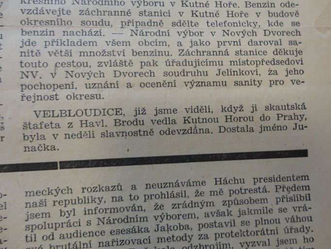 Zmínka o záchranné akci v dobovém tisku - regionálních kutnohorských novinách.