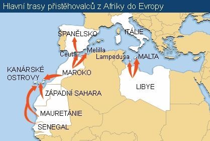 mapa - migrace - afrika - evropa