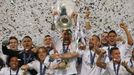 Real Madrid's Sergio Ramos lifts the trophy as they celebrate winning the UEFA Champions League