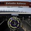 A wreath in memory of late Argentinian soccer legend Diego Armando Maradona is seen at the main access of the Azteca stadium, in Mexico City