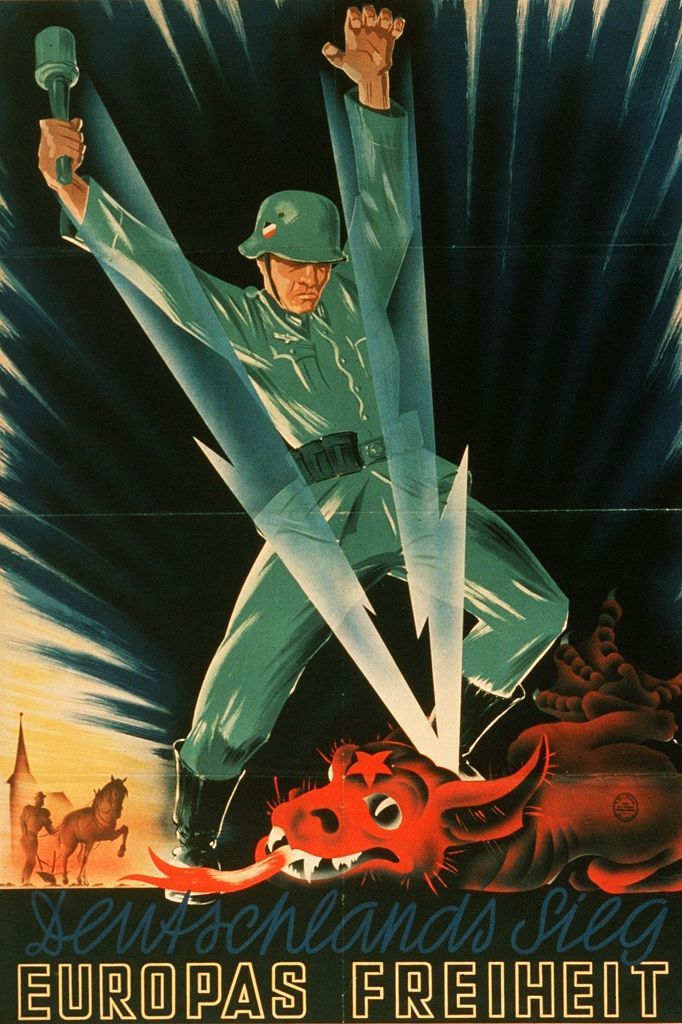 Germany's Victory Is Europe's Freedom, Deutschlands Sieg Europas Freiheit, Nazi propaganda poster showing German St George killing red Communist dragon, 1942-44 Photo Credit: [ The Art Archive / Bundesarchiv Koblenz