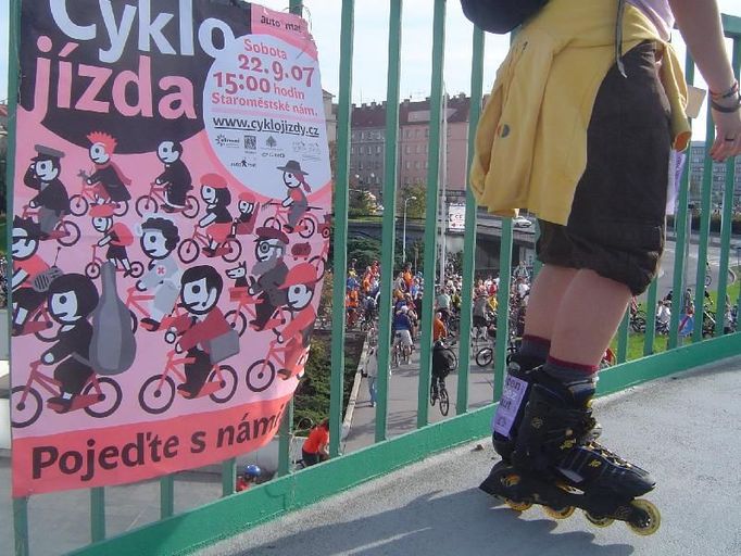 Inline skaters were welcome and present at the Prague Critical Mass Ride.