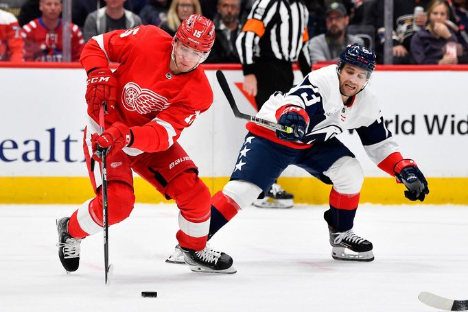 Útočník Detroitu Jakub Vrána (vlevo) se při svém návratu do NHL po čtyřech měsících pokouší přejít přes Conora Shearyho z Washingtonu