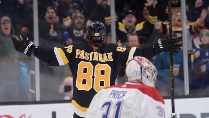 Dec 1, 2019; Boston, MA, USA; Boston Bruins right wing David Pastrňák (88) reacts after scoring the go ahead goal during the third period against the Montreal Canadiens a