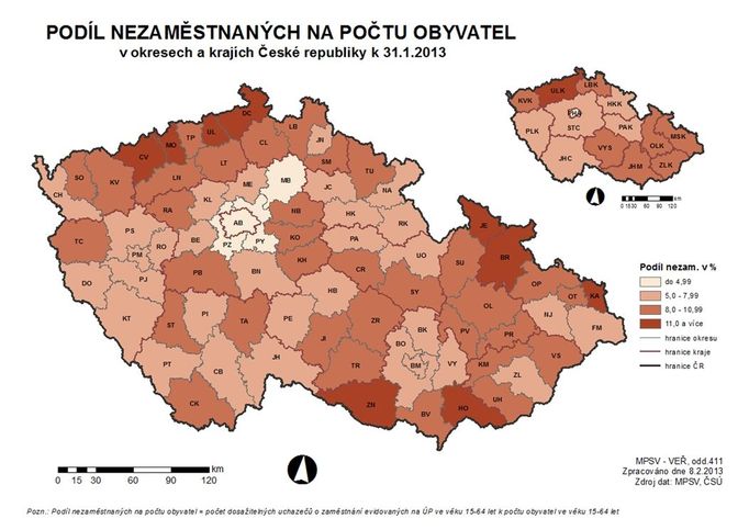 Podíl nezaměstnaných podle okresů