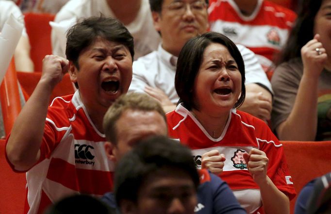 Japan's IRB Rugby World Cup 2015 Pool B match against Scotland in Gloucester, England, at a public viewing event in Tokyo, Japan, September 23, 2015. REUTERS/Toru Hanai