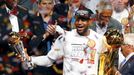 Miami Heat's LeBron James holds the Larry O'Brien Trophy and the Bill Russell MVP trophy (L) after the Heat defeated the San Antonio Spurs to win Game 7 of their NBA Fina