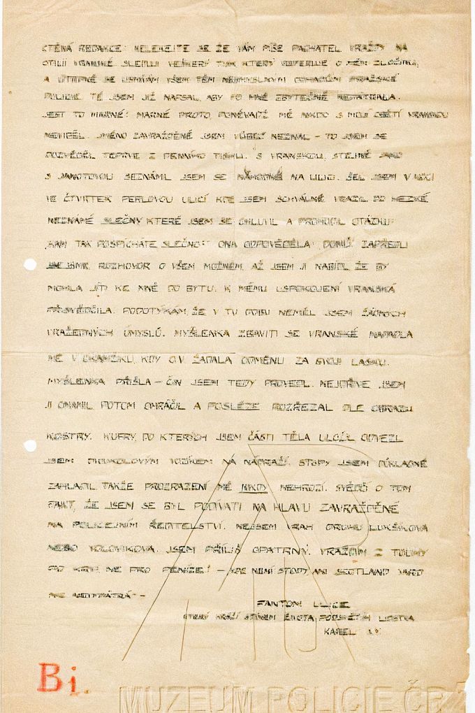 Jeden z dopisů od "Fantoma ulice", které až do listopadu 1933 chodily do redakce deníku Polední list.  V nich se údajný vrah přiznal, že 1. září 1933 Vranskou zavraždil.