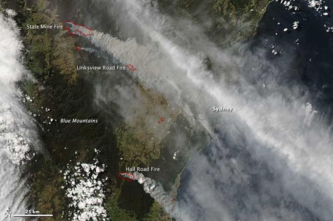 Satelit MODIS pořídil 17. října záběr lesních požárů v Austrálii. Podle tamních médií šlo o jeden z nejhorších požárů, které Nový Jižní Wales zasáhly. V 18:30 místního času hořelo na devadesáti místech, z toho na 36 místech neměli hasiči oheň pod kontrolou.