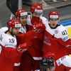 Denmark's Jensen celebrates his goal against the Czech Republic with team mates during the third period of their men's ice hockey World Championship Group A game at Chizhovka Arena in Minsk