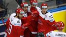 Denmark's Jesper Jensen (2nd L) celebrates his goal against the Czech Republic with team mates during the third period of their men's ice hockey World Championship Group