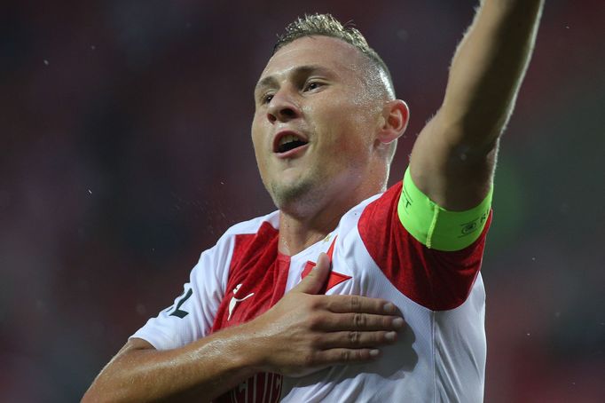 Jan Bořil slaví v zápase 2. kola F:L Slavia - Příbram