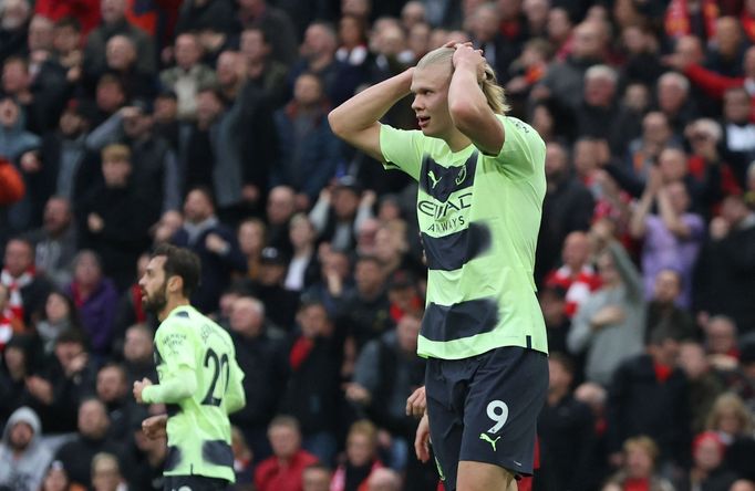 Soccer Football - Premier League - Liverpool v Manchester City - Anfield, Liverpool, Britain - October 16, 2022 Manchester City's Erling Braut Haaland reacts REUTERS/Phil