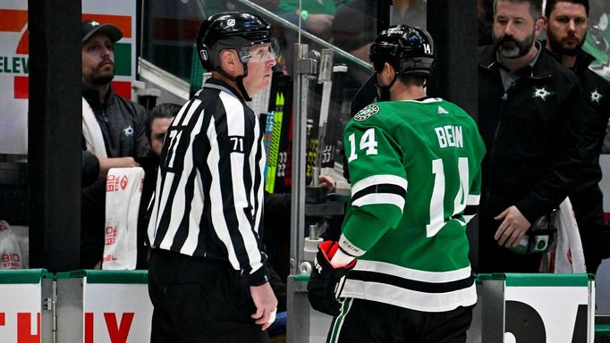 May 23, 2023; Dallas, Texas, USA; Dallas Stars left wing Jamie Benn (14) leaves the ice after receiving a game misconnect for a cross check on Vegas Golden Knights right