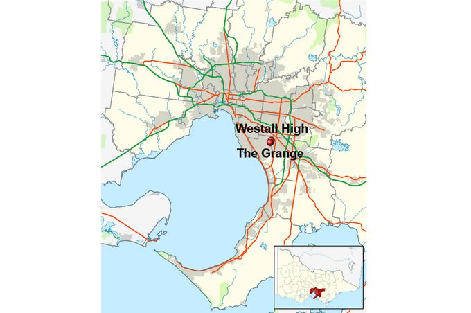 Mapa metropolitní oblasti Melbourne s vyznačením lokality Clayton South, kde 6. dubna 1966 došlo k Westallskému UFO incidentu.