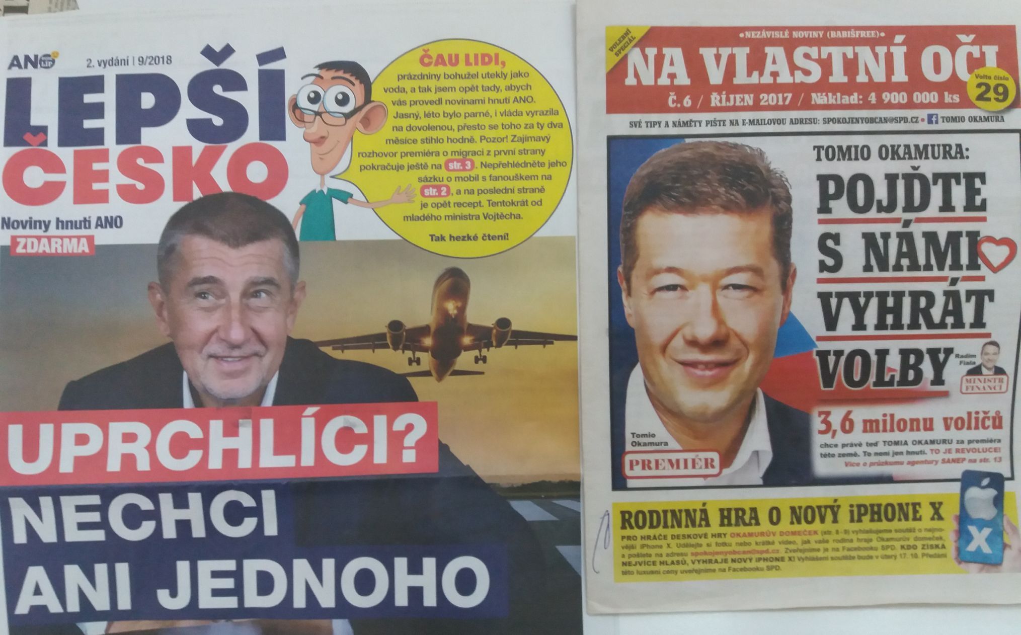 Volební noviny Lepší Česko se velmi podobají novinám Tomia Okamury Na vlastní oči