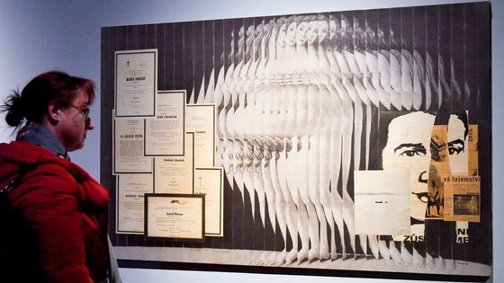 Na snímku z výstavy je koláž Jiřího Koláře nazvaná Pocta Palachovi, 1969.