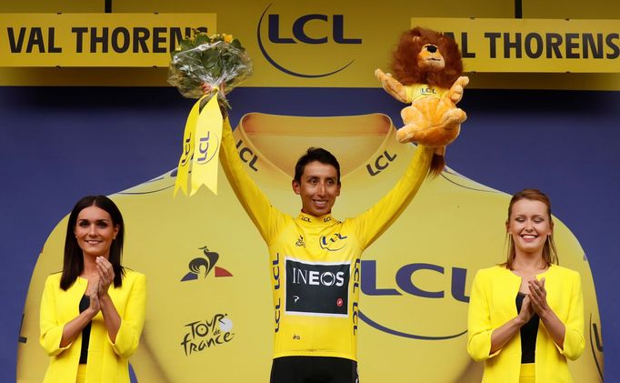 Cycling - Tour de France - The 59.5-km Stage 20 from Albertville to Val Thorens - July 27, 2019 - Team INEOS rider Egan Bernal of Colombia celebrates on the podium, weari