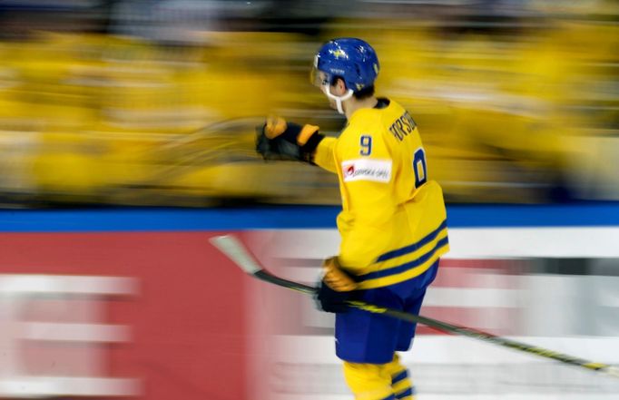 Sweden's Filip Forsberg celebrates his goal against Canada with team mates during their Ice Hockey World Championship game at the O2 arena in Prague, Czech Republic May 6