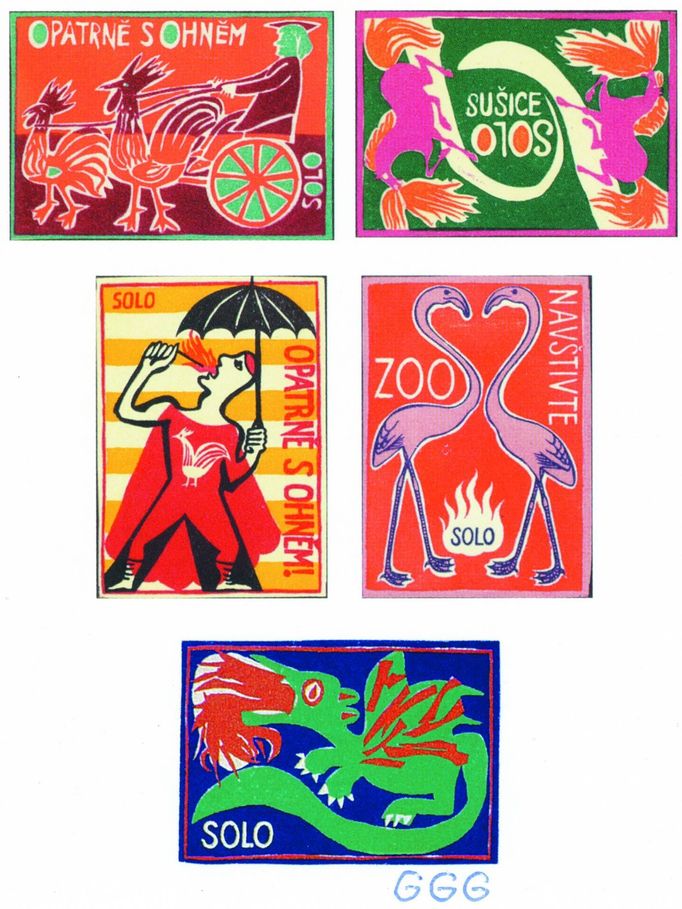 Návrhy etiket pro krabičky od sirek - studentská práce, která nakonec pro Gertrudu Goepfertovou-Gruberovou představovala umělecký mezník.