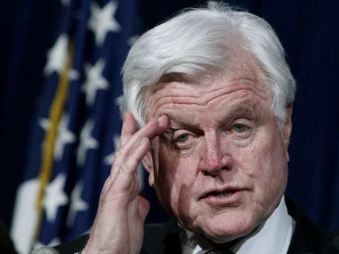 U.S. Senator Edward Kennedy (D-MA) answers questions on border security on the new immigration bill on Capitol Hill in Washington in this file photo from May 24, 2007. Sen. Kennedy has a malignant brain tumor, his doctors said on May 20, 2008.REUTERS/Jim Young/Files (UNITED STATES)