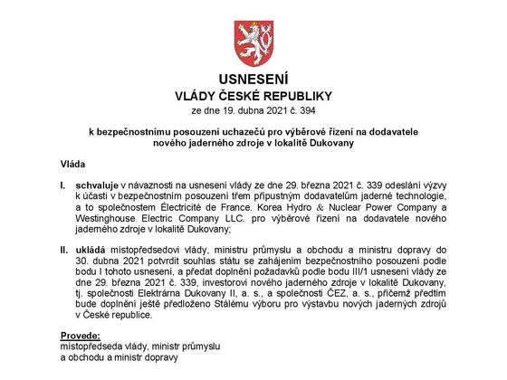 Usnesení vlády o zaslání bezpečnostního dotazníku uchazečům o dostavbu Dukovan.