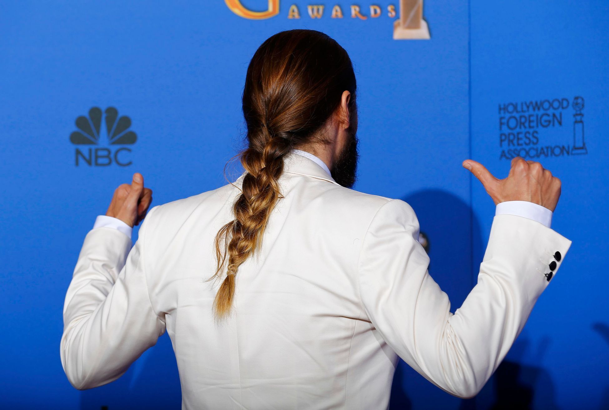 Jared Leto poses backstage during the 72nd Golden Globe Awards in Beverly Hills