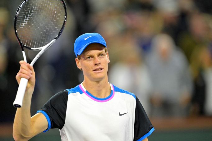 Mar 12, 2024; Indian Wells, CA, USA; Jannik Sinner (ITA) waves to the crowd after defeating Ben Shelton (USA) in his fourth round match in the BNP Paribas Open at the Ind