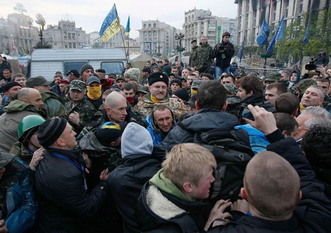 protesting against authorities' inactivity in the escalating crisis in eastern Ukraine and the inability to oppose separatists in Independence Square in Kiev April 14, 20