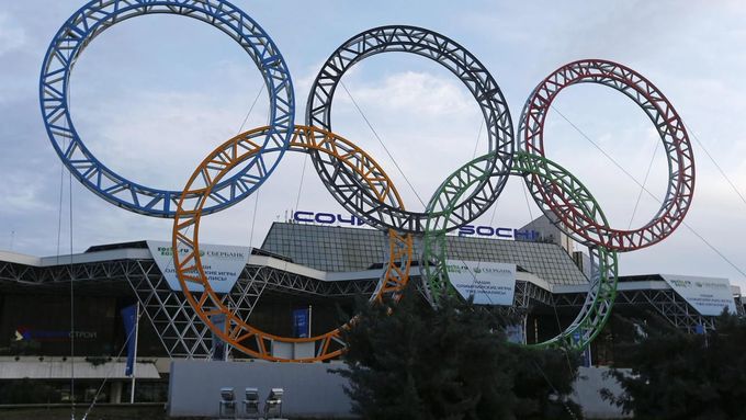 The Olympic rings are seen in front of the airport of Sochi, the host city for the Sochi 2014 Winter Olympics.