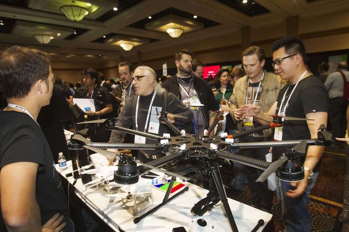 The DJI S1000, an eight-bladed, aerial photography system by DJI Innovations, is displayed during &quot;CES Unveiled,&quot; a media preview event to the annual Consumer E