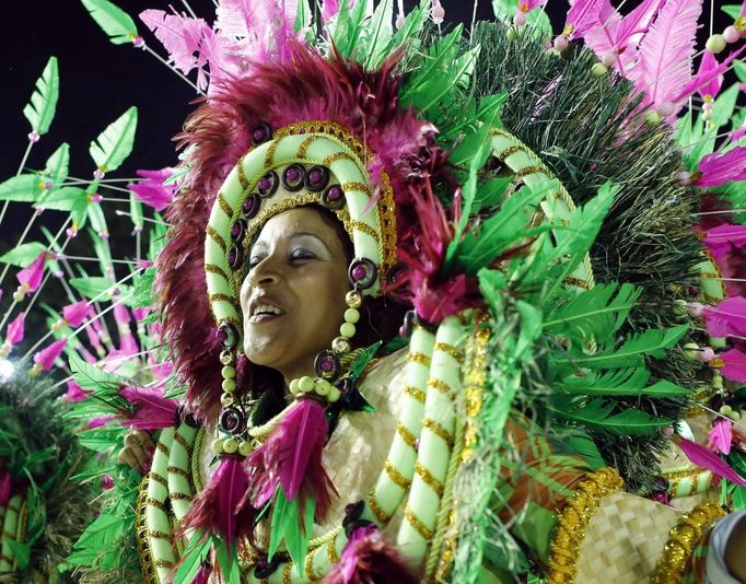 A reveller from the Mangueira samba school participates during the annual carnival parade in Rio de Janeiro's Sambadrome, February 11, 2013. REUTERS/Sergio Moraes (BRAZIL - Tags: SOCIETY) Published: Úno. 12, 2013, 2:13 dop.